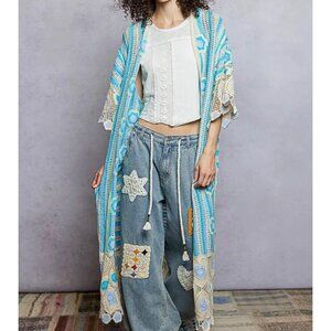 Pol Crochet Kimono Cardigan with Floral/Heart Accents